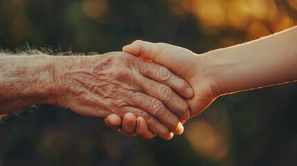 A Close up hands of senior woman and a little young boy. Symbolic of 2 different generations.