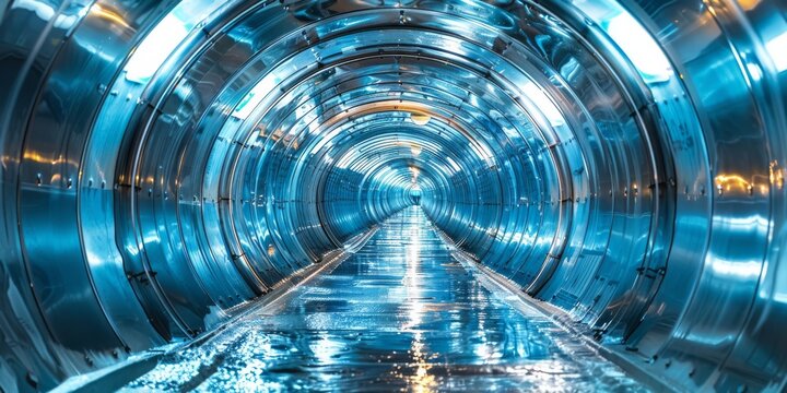 An avantgarde, futuristic metallic tunnel characterized by its reflective surface design