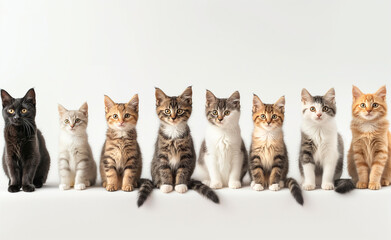 Eight cats of various breeds and colors sit in a row against a white background, showcasing diversity and feline companionship.