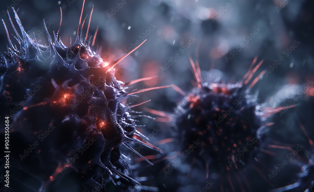 Poster a close-up view of dangerous viruses, highlighting the complexity of microorganisms and their role i