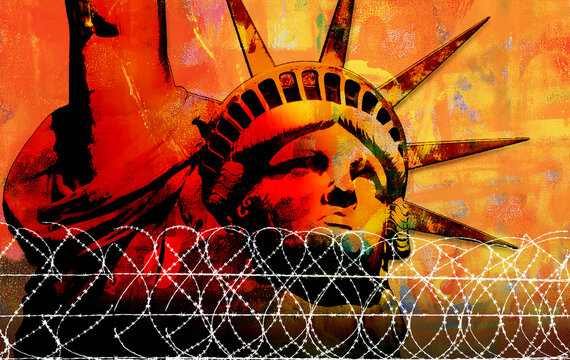 Statue of Liberty behind barbed wire fence