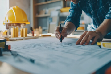 Obraz premium Close up Manual worker and architect analyzing housing plans at construction site.
