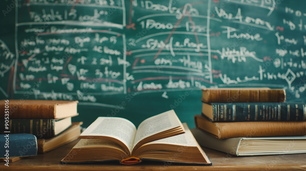 Poster an open book surrounded by stacks of old books in front of a chalkboard filled with handwritten note