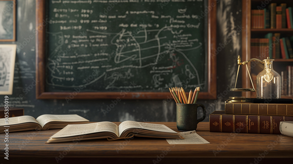 Aufkleber an open book surrounded by stacks of old books in front of a chalkboard filled with handwritten note