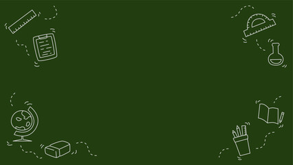 school green chalkboard template background illustration with hand drawn school supplies and copy space