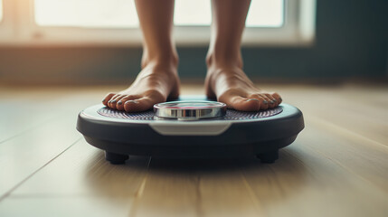 A person standing on a digital scale, emphasizing weight management, health awareness, and fitness goals.