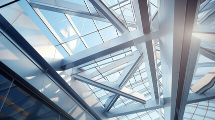 A modern architectural design featuring intersecting steel beams and glass panels, showcasing contemporary construction elements and geometric patterns.