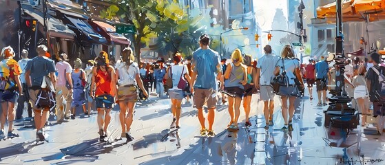 Obraz premium Vibrant Urban Street Scene People Walking Sunshine City Life. AI Generated