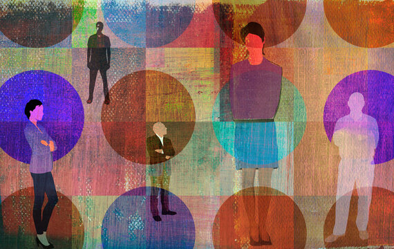 People on abstract geometric pattern