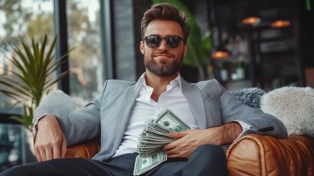 Rich man sitting on a sofa at home and holding a stack of cash money