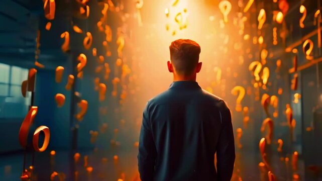 A man stands with his back to the viewer, surrounded by falling numbers and question marks. A bright light shines behind him.