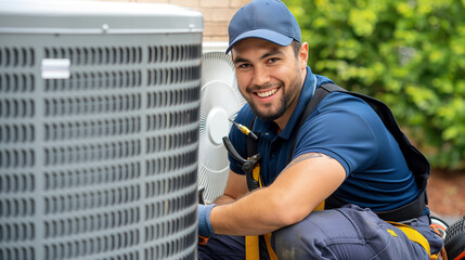 Professional air conditioning technician repairing, cleaning, or installing an air conditioner or heat pump outdoors. HVAC repair, installing an AC, cooling system maintenance.
