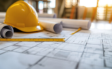 A yellow construction helmet placed on architectural blueprints, alongside rulers, representing planning, construction, and engineering work.