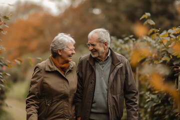 An elderly couple enjoys a peaceful autumn stroll in the park, surrounded by golden foliage