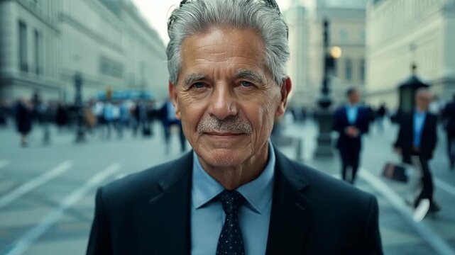 A man in his 50s stands confidently in a busy city square his salt and pepper hair adding to his distinguished look. The bustling background captures the fastpaced lifestyle of