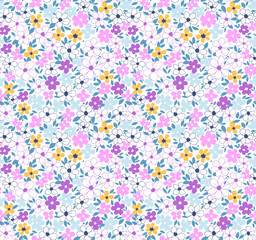 Vintage seamless floral pattern. Ditsy style background of small flowers. Small blooming flowers scattered over a white background. Stock vector for printing on surfaces and web design.