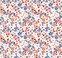 Cute floral pattern in the small flowers. Seamless vector texture. Elegant template for fashion prints. Printing with small orange, blue and  pink flowers. White background.