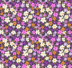 Floral pattern. Pretty flowers on dark violet background. Printing with small orange, white, pink and lilac flowers. Ditsy print. Seamless vector texture. Spring bouquet.