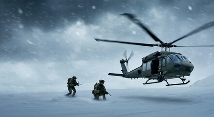 Fototapeta premium A military helicopter flies low over a snowy mountain pass during a snowstorm. soldiers disembark into deep snow.