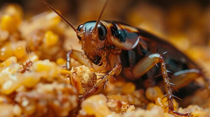 Close-Up Study of a Cockroach on Honeycomb During a Sunny Afternoon in Nature. Generative AI