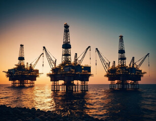 Fototapeta premium A large illuminated offshore oil rig stands tall in the water at dusk. The rig's lights cast a warm glow against the darkening sky, while the platform's silhouette is framed by the rippling water. AI.