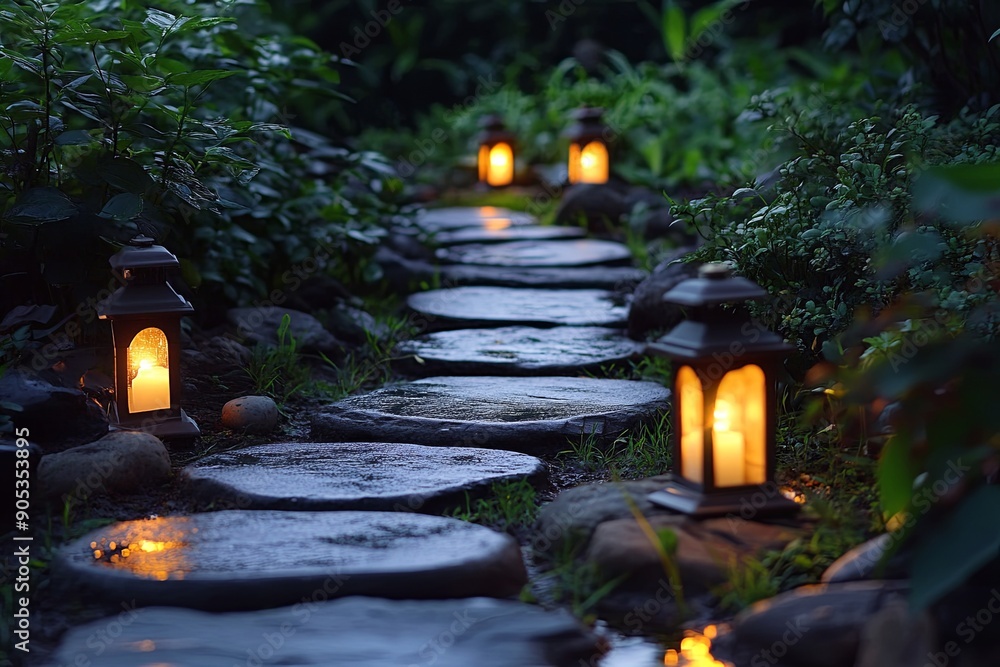 Canvas Prints The garden path is lined with small solar lanterns