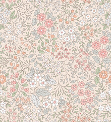 Cute floral pattern in the small flowers. Seamless vector texture. Elegant template for fashion prints. Printing with small orange and pink flowers. Ivory background. © ann_and_pen