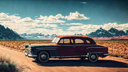 Fototapeta premium Wide shot of old car abandoned at ranch in desert landscape. 