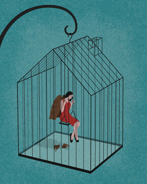 Woman with clipped wings trapped inside house shaped cage