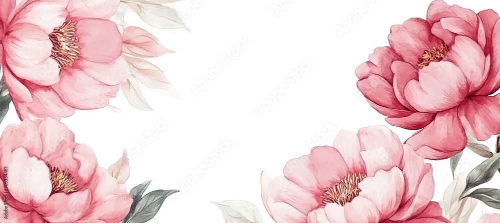 Wall mural Watercolor peony flowers background banner, copy space for text