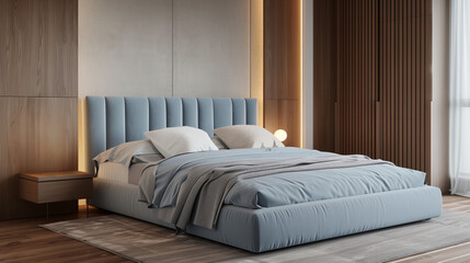 Modern style bedroom with a velvet light blue bed.