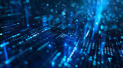Abstract Blue Digital Network with Binary Code and Glowing Lights
