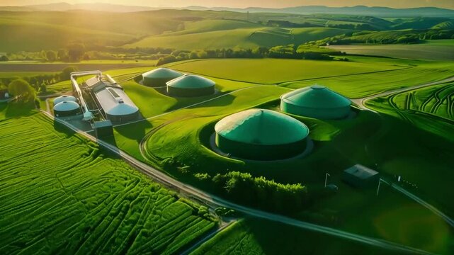 Aerial View of Green Biogas Plant Storage Tanks in Lush Agricultural Fields