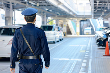 駐車場とガードマン、警備員の後ろ姿　Generative AI