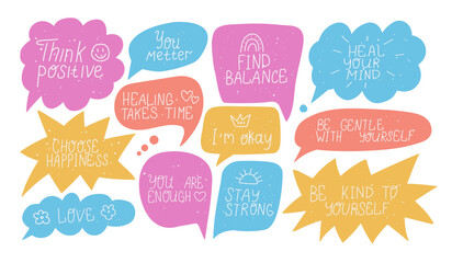 Mental health short phrase with bubble speech. Doodle positive slogan. Self care and love hand drawn elements. Heal your mind