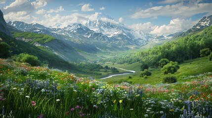 Lush Green Valley with a River Flowing Through. AI generated illustration