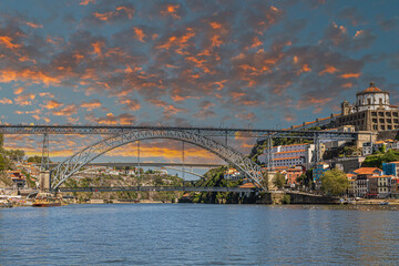 Obraz premium Dom Luis I Bridge over Douro river and Church of the Monastery of Santo Agostinho da Serra do Pilar, Porto, Portugal