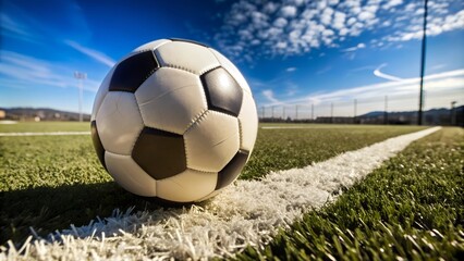 Fototapeta premium A soccer ball on a green grassy field with white lines, illuminated by the sun, casting sharp shadows.