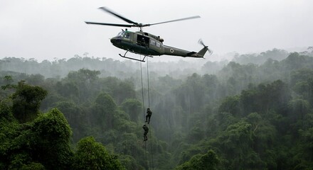A military helicopter hovering above a dense Vietnamese jungle in heavy rain, with soldiers rappelling down into the thick greenery below.
