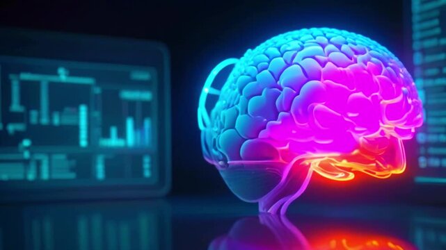 The video shows a glowing, translucent, 3D model of a human brain in pink, blue, and orange colors. It is sitting in front of a screen with a blue and green graphical display.