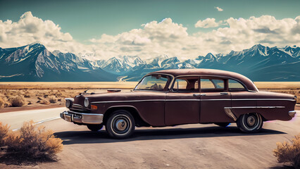 Obraz premium Wide shot of old car abandoned at ranch in desert landscape. 