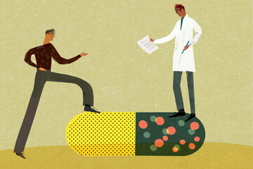 Doctor prescribing large pill for patient