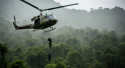 A military helicopter hovering above a dense Vietnamese jungle in heavy rain, with soldiers rappelling down into the thick greenery below.
