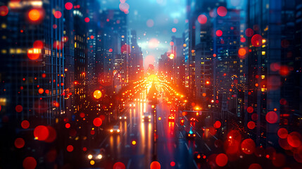 Obraz premium A city street with cars and a bright orange light