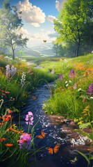 Wildflower Meadow in Full Bloom with a Clear Blue Sky. AI generated illustration