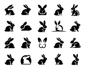 A collection of black and white rabbit drawings