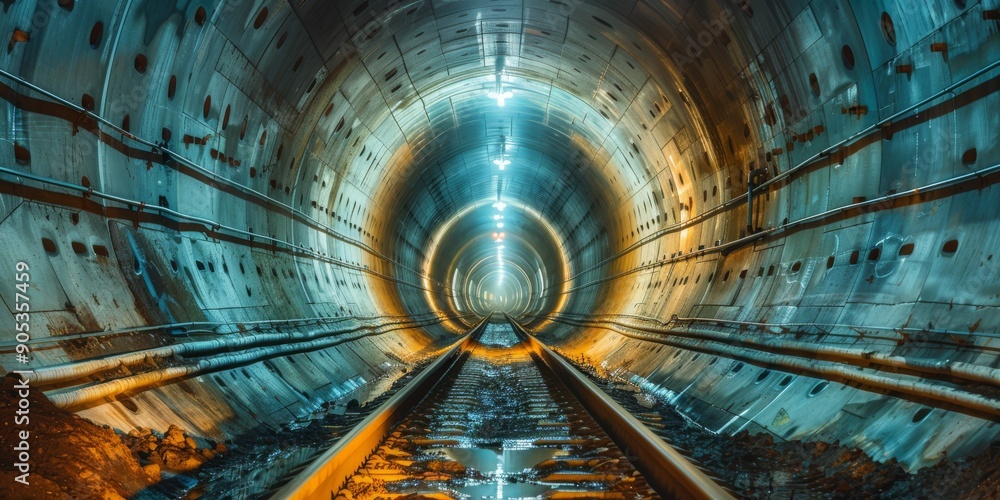 Aufkleber an illuminated tunnel with train tracks showcases a blend of modern architecture and atmosphere
