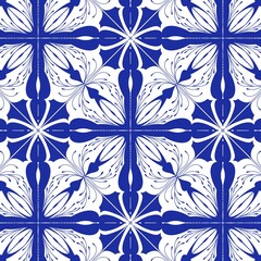 Elegant Blue and White Floral Pattern on a Geometric Tile Design