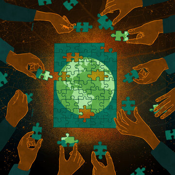 People working together to solve global jigsaw puzzle