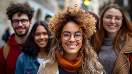 Diverse Group Smiling Young Friends Urban Setting Outdoor Happiness Together. AI Generated